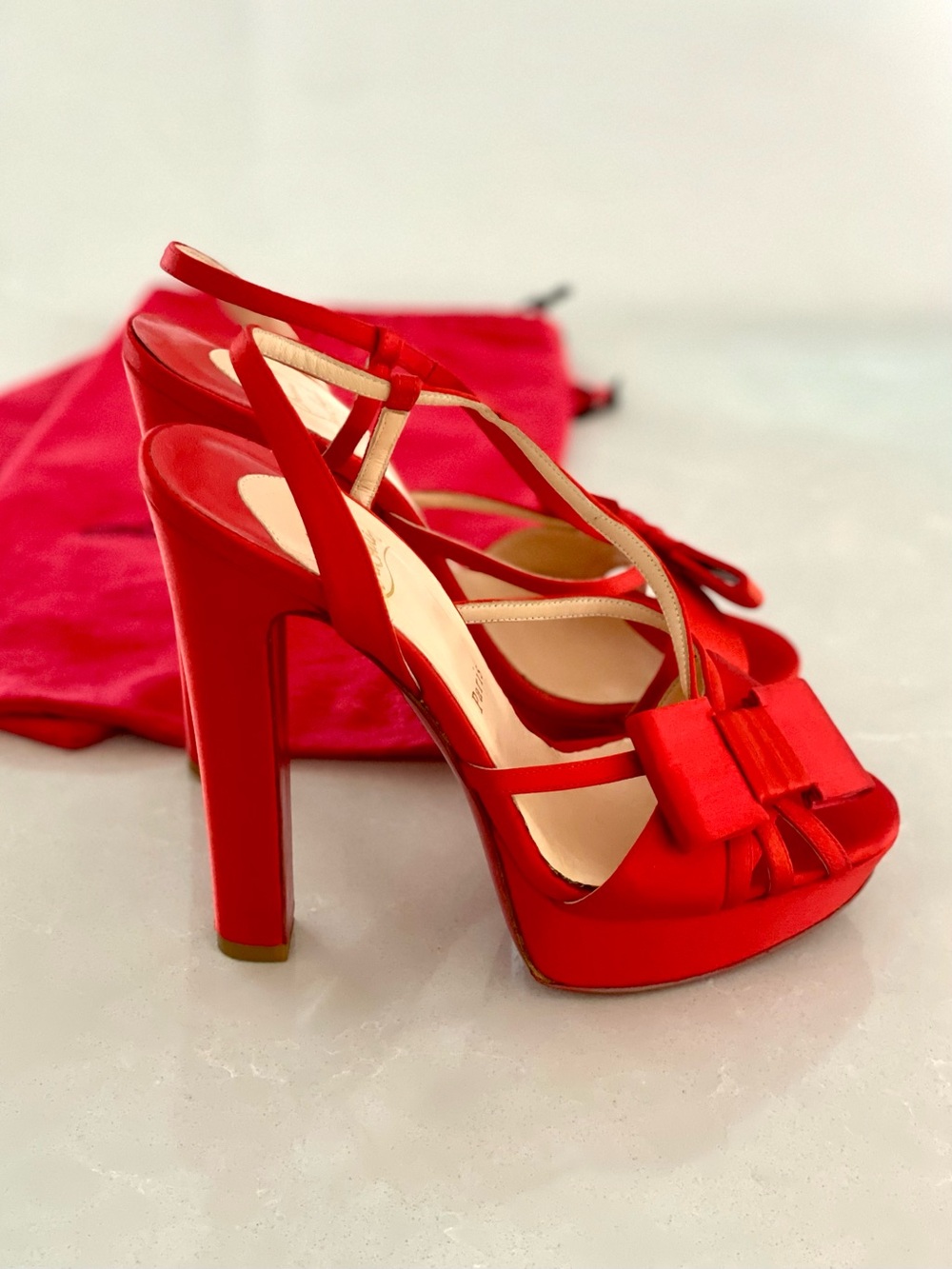 Christian Louboutin Red Satin Platform Slingback Heels with Bow Accent Size 40
